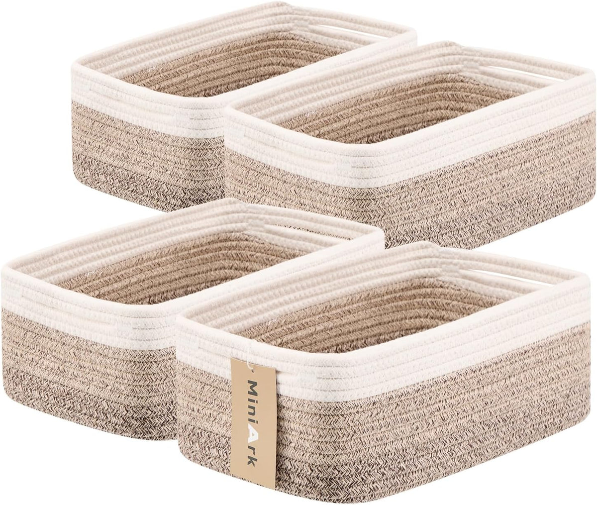 Small Storage Baskets for Organizing | Closet Organizer Bins | Shelf Toy Basket | Woven Rope Baskets | Cube Decorative Box | Shallow Basket | 13x8.5x5.1” | 4 Packs Gradient Brown
