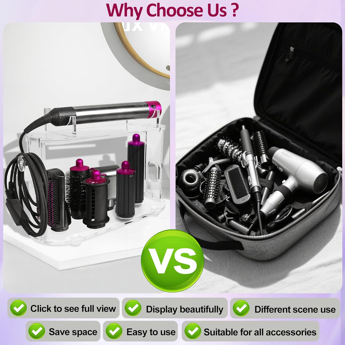 2025 New Storage Holder for Dyson Airwrap Hair Tool Organizer Accessories, Clear Acrylic Hair Dryer Rack 6 Holes Countertop Desktop Styler Stand Bathroom Organizer with Cord Hanger