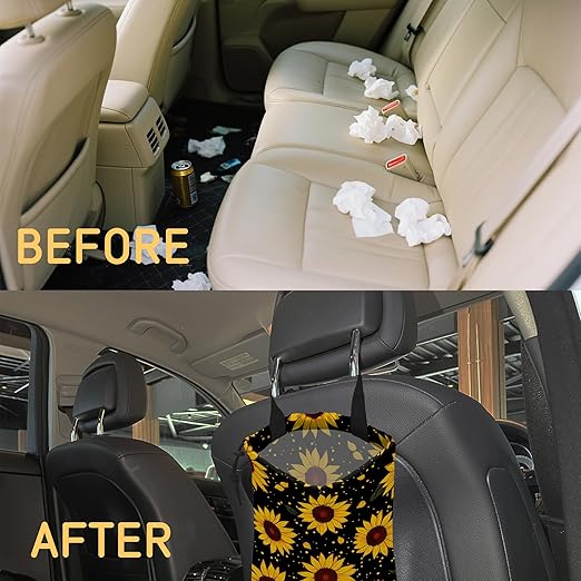 Vintage Sunflower Car Garbage Bag, Small Car Trash Bag Hanging Back of Seat,Drawstring Car Trash Bag with Adjustable Buckle,Car Accessories for Camping Travelling