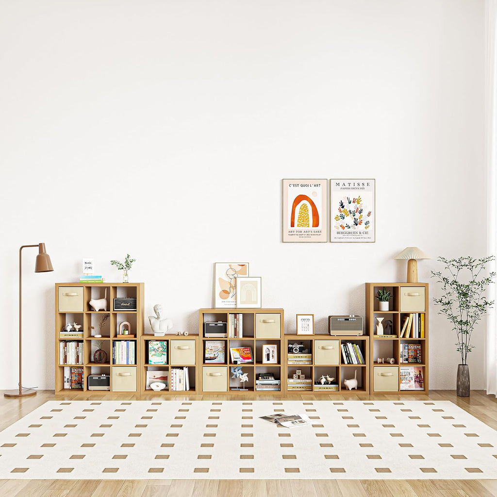 furtble Bookshelf with Storage Bin, 4-Cube Storage Organizer, Modern Wood Open Bookcase, Multifunctional Display Shelf for Living Room, Bedroom, Home Office, Oak