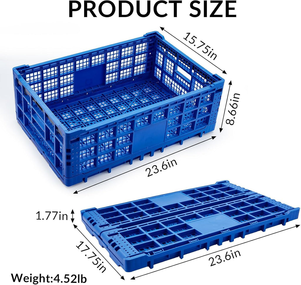 Collapsible Storage Crates, 52 Liter Heavy Duty Foldable Plastic Crates , Storage Baskets and Bins 23.6" L x 15.7" W x 8.6" H Stackable Dairy Milk Crates for Office, Home, Toy Storage