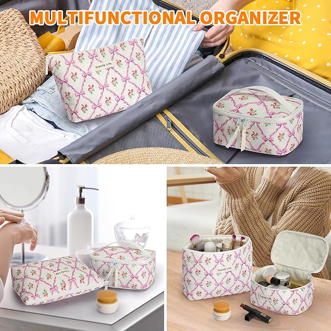 HAOGUAGUA 2 Pieces Makeup Bag, Small Large Quilted Cosmetic Bag, Travel Floral Make Up Toiletry Organizer Bag for Women Girls (2PCS STYLE B-4)