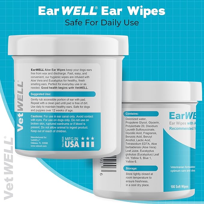 EarWELL by VetWELL Dog Ear Wipes - Otic Cleaning Wipes for Infections and Controlling Ear Odor in Pets - 100 Count