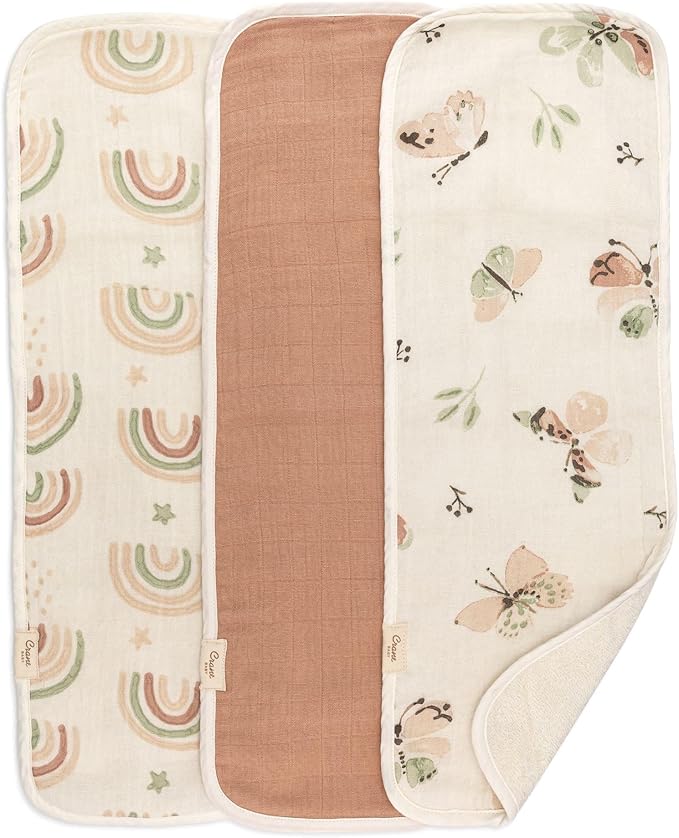 Crane Baby Muslin Baby Burp Cloths, Lightweight Absorbent Burp Cloth, Rainbow/Butterfly, Set of 3, 7” x 20”, Newborn Baby Essentials, Burp Cloths Baby Boy, Burp Cloths Baby Girl, Newborn Essentials