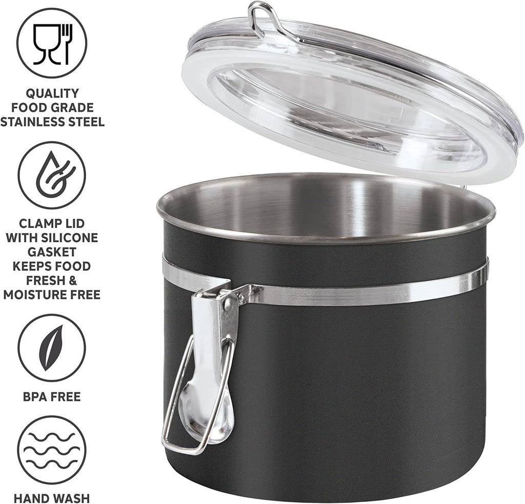 Oggi Stainless Steel Kitchen Canister 26 fl oz, Black - Airtight Clamp Lid, Clear See-Thru Top - Ideal for Kitchen Storage, Food Storage, Pantry Storage. Size 5" x 3.5".