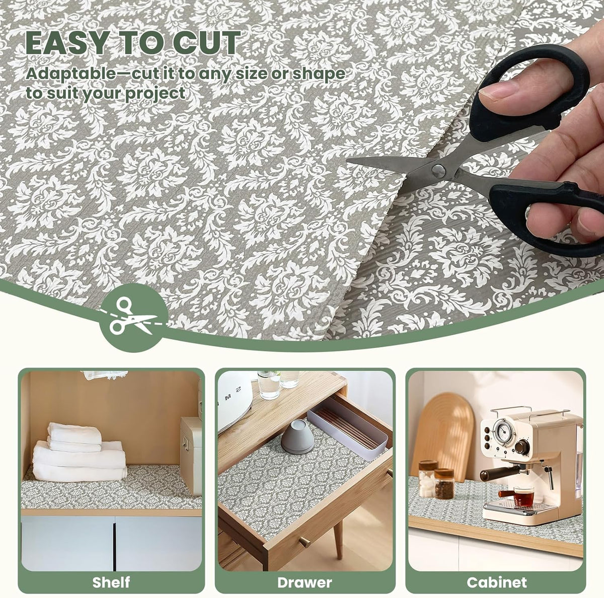 Drawer Liner and Shelf Liner for Kitchen Cabinet Liner Non-Adhesive Non-Slip Shelf Paper, Thick Strong Grip Waterproof Easy to Clean for Shelves, Cupboard, Desks, Baroque Pattern, 12 in x 10 FT
