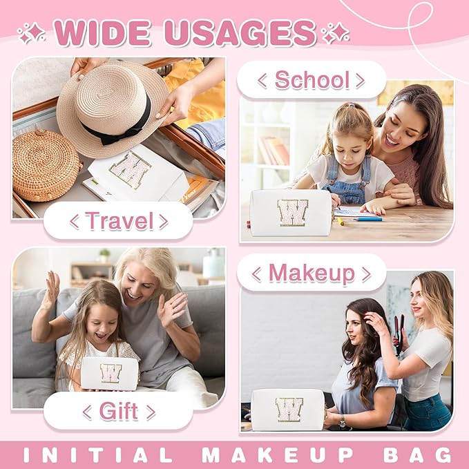 Small Initial Patch Makeup Bag Personalized Gifts Make Up Bag,White Cute PU Leather Glitter Letter Cosmetic Bag with Zipper,Trendy Portable Travel Toiletry Pouch,Preppy Stuff for Teen Girls Women W
