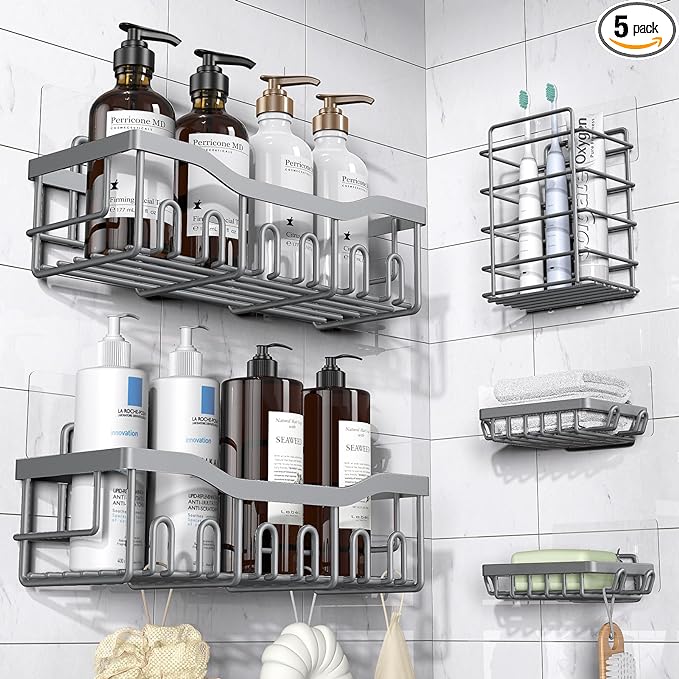 EUDELE 5-Pack Rustproof Stainless Steel Shower Caddy – No Drill Adhesive