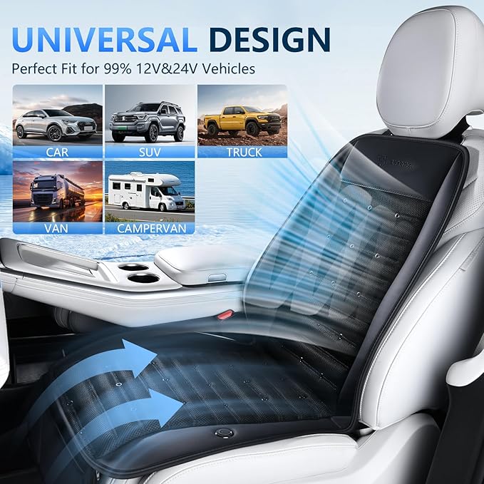 FLORICH Cooling Car Seat Cover, 12V-24V Ventilated Seat Cushion Cooling Car Seat Pad for Summer Driving with 2 Powerful Turbo Fans 3-Speed Temperature Adjustable Universal Fit for Car SUV Truck Van