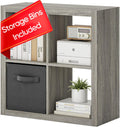 furtble Bookshelf with Storage Bin, 4-Cube Storage Organizer, Modern Wood Open Bookcase, Multifunctional Display Shelf for Living Room, Bedroom, Home Office, Gray Oak