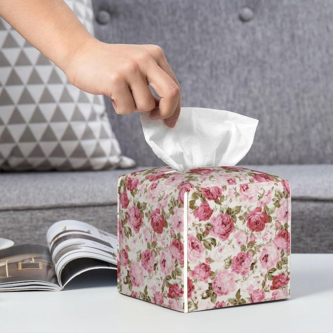 Vintage Rose Flowers Leaves Tissue Box Cover Square,Pink Floral Plants Tissue Box Holder Waterproof Leather Facial Paper Organizer Dispenser for Bathroom Home Car Nightstand Vanity Desk
