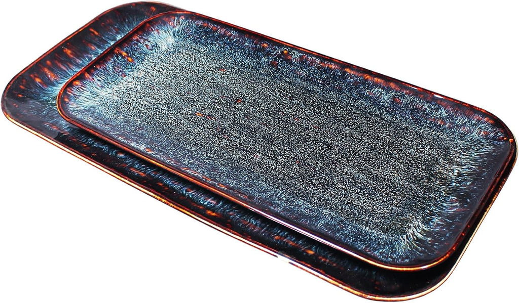 Porcelain Dinner Plates Platters Set of 2, for Fruit, dessert, snack platter, Bread, cupcake, Salad - Microwave, Dishwasher Safe, Scratch Resistant durable, Black Reactive glaze