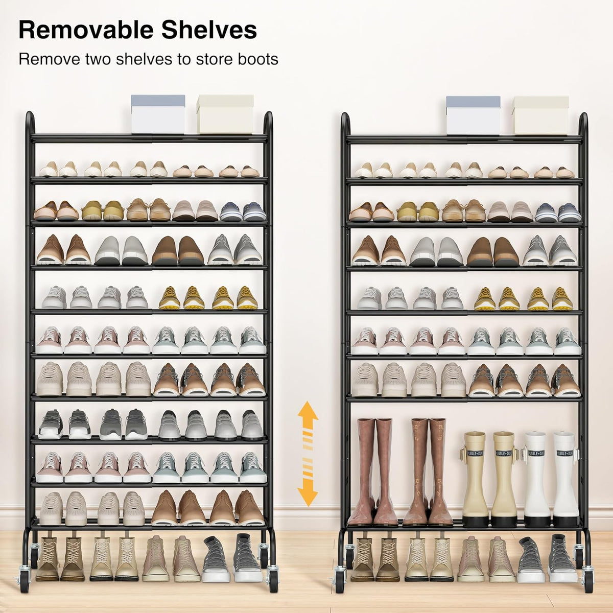 STO STO Expandable Shoe Rack, 10-Tier Metal Tall Shoe Rack for Garage, Up to 44 Pairs Adjustable Shoe Rack Storage for Front Door Entrance, Free Standing Shoe Rack Organizer for Entryway, Black