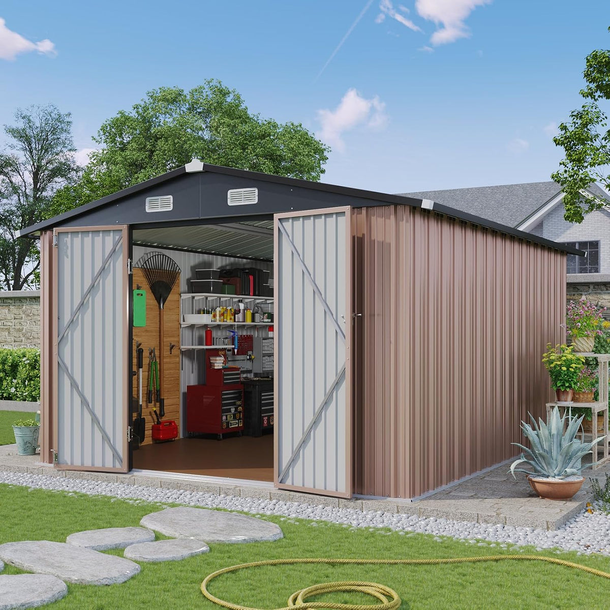 Aoxun 10x12 Shed with Brown Floor Galvanized Steel Outdoor Storage Shed Metal Garden Shed with Moisture-Proof Floor & Ventilation, Sloped Roof for Bike/Generator/Tool Storage (Brown Floor Included)