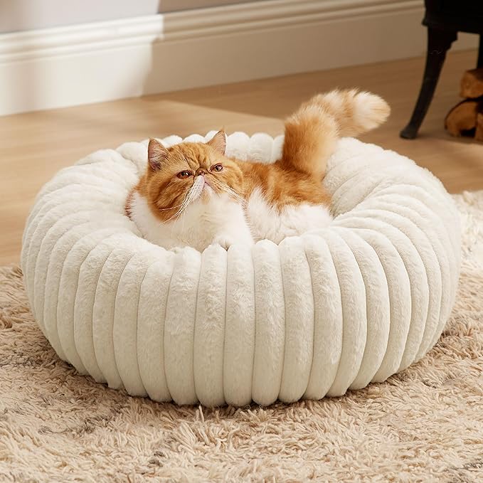 Bedsure Cat beds for Indoor Cats - Donut Dog Beds for Small Dogs with Corduroy Fleece & Anti Slip Bottom, Faux Fur Pet Beds with Washable Removable Cover, Cream, 20x20x6 inches