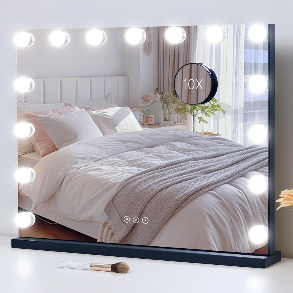 Vanity Mirror with Lights Lighted Makeup Mirror with 15 Dimmable LED Bulbs,3 Color Lighting Modes,USB Charging Port Touch Control,Sturdy Metal Frame Design 22.8x18 Inch,Black