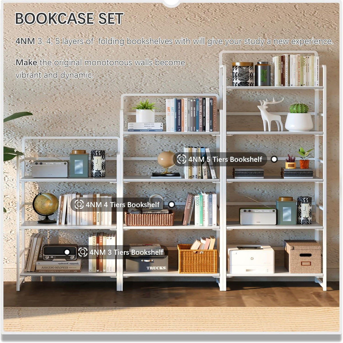 4NM No Assembly 5 Tiers Folding Bookshelf Storage Shelves Vintage Bookcase Standing Racks Study Organizer Home Office (All White)