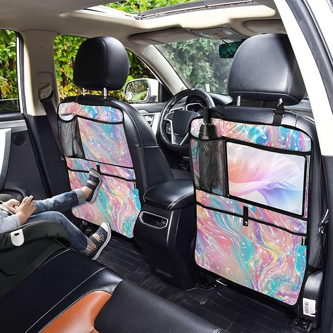 1 Pack Back Seat Car Organizer with Storage Pockets Kick Mats Back Seat Protector Hanging Car Organizer Automotive Seat Back Cover Organizers Pink Liquid Gradient