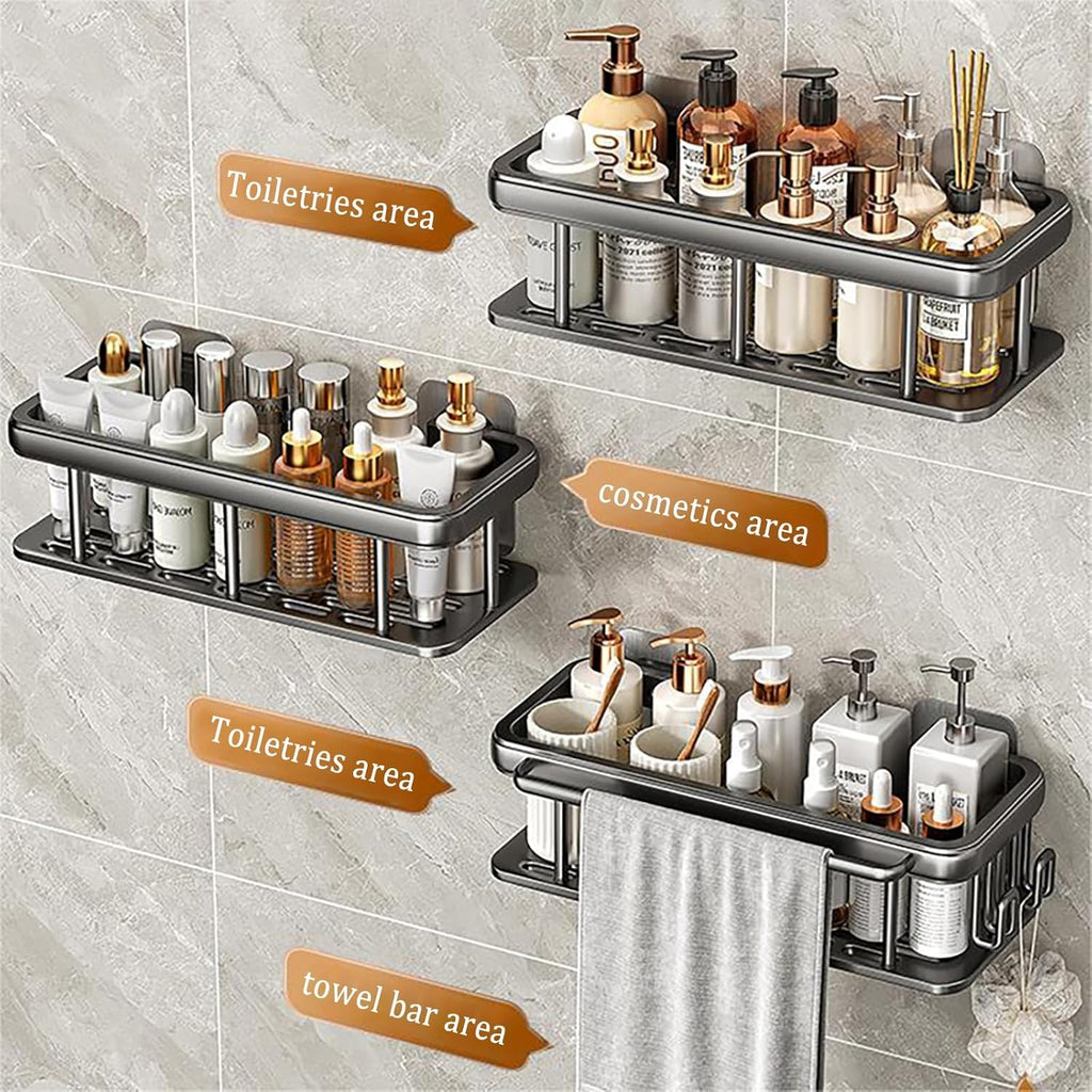 Shower Caddy Adhesive 2Pack with Hooks and Rod for Towels Silver-Premium Bathroom Shower Shelves Shampoo Organizer Rack Storage Bathtub Shelf Rustproof Easy Installation Sturdy Build Sleek Modern Look