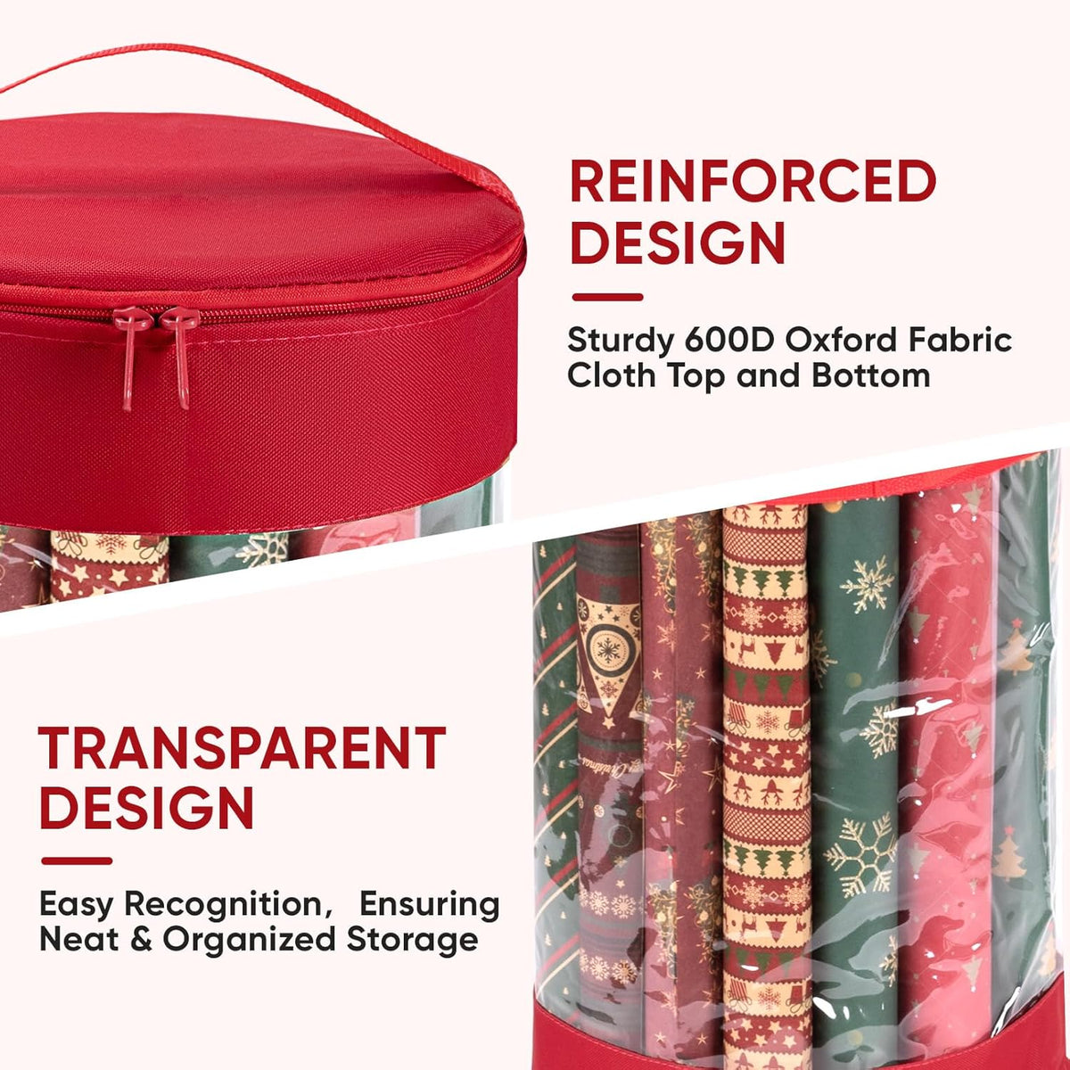 BALEINE Christmas Wrapping Paper Organizer Storage, 41" Gift Wrapping Paper Storage Containers, Clear PVC with Durable 600D Oxford Fabric Gift Wrap Paper Holder Fits 18-25 Rolls, Red