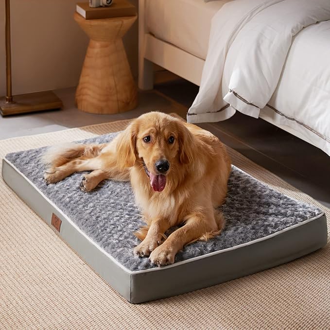WNPETHOME Orthopedic Large Dog Bed, Large Waterproof Dog Bed with Removable Washable Cover & Anti-Slip Bottom,Egg Crate Foam Pet Bed Mat,Soft Rose Plush Pet Crate Mat