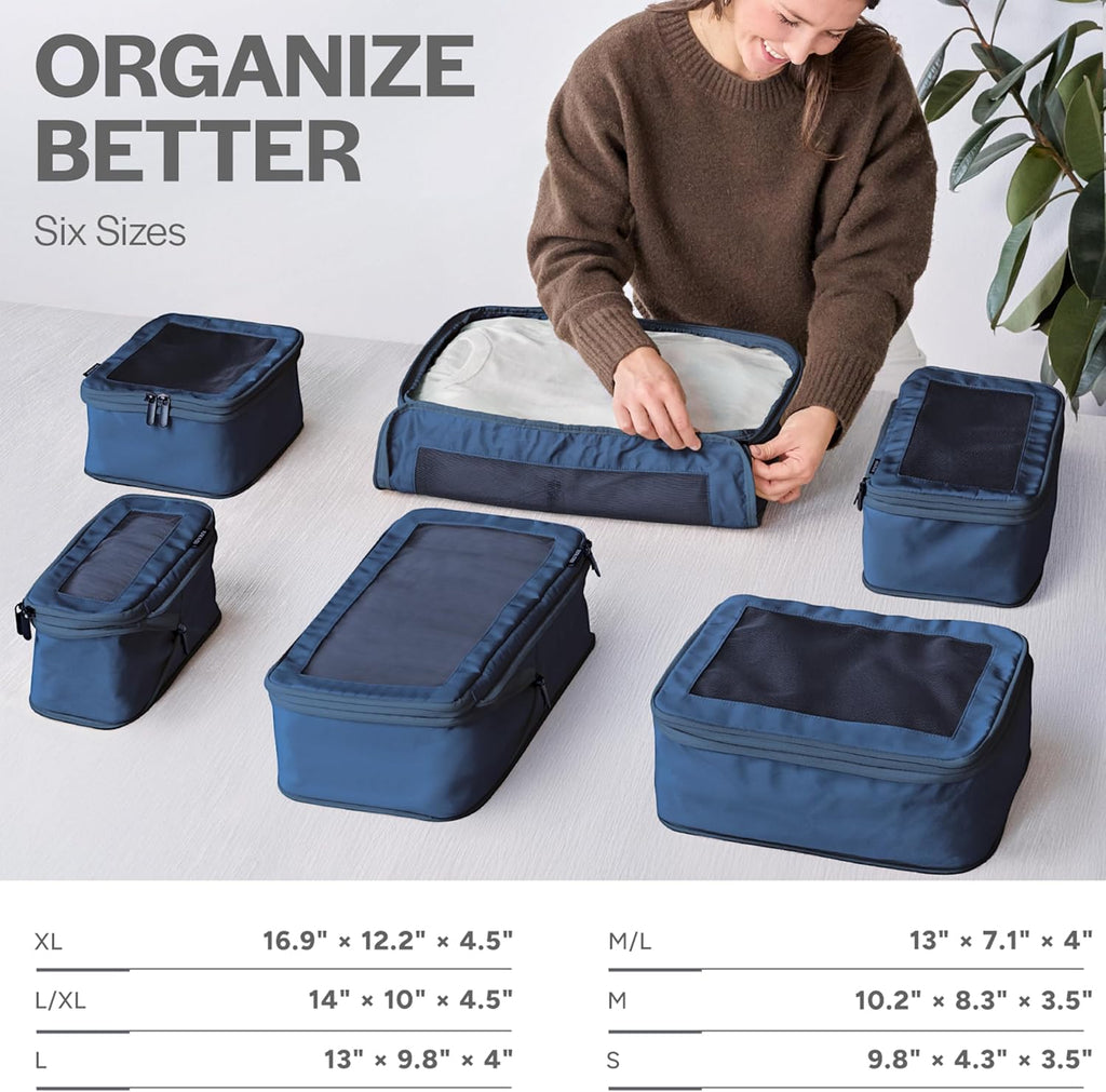 Aerotrunk Compression Packing Cubes for Travel - Luggage Organizer Bags - Double Zipper Packing Cubes for Suitcases (6-Pack, Dark Blue)