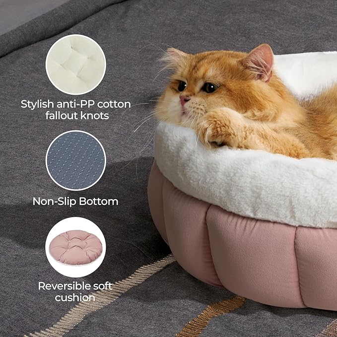 BALANCE Cat Beds for Indoor Cats, Washable Round Cat Bed, Cute Kitten Bed with Anti-Slip Bottom for Kitty and Puppy, 23 Inches, Mellow Rose