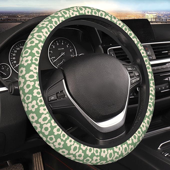 Vintage Groovy Flowers Steering Wheel Cover Cute Universal 15 Inch Car Accessories Protector for Women Fit Auto SUV Sedan Vans Trucks
