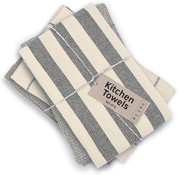 MEEMA Kitchen Towels and Dishcloths Sets of 4 | Large 18 x 28 Inch | Upcycled Cotton Tea Towel | Super Absorbent Cotton Dish Towels for Kitchen | Charcoal Stripes | Hand Towels