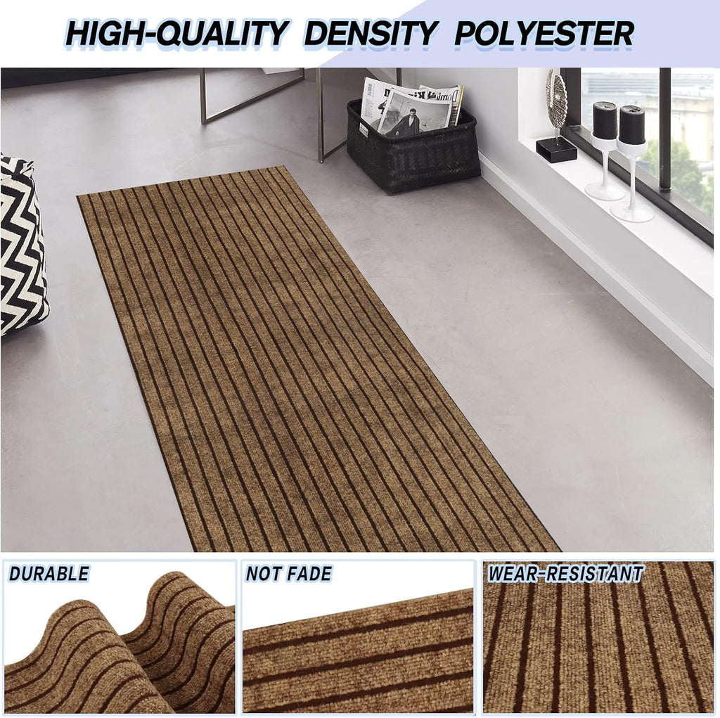Custom Size Backed Non-Slip Area Rugs Runner, Easy Clean, Waterproof Runner Rugs for Hallway Entryway, Kitchen, Laundry, 4FT x 36FT, Brown Stripe