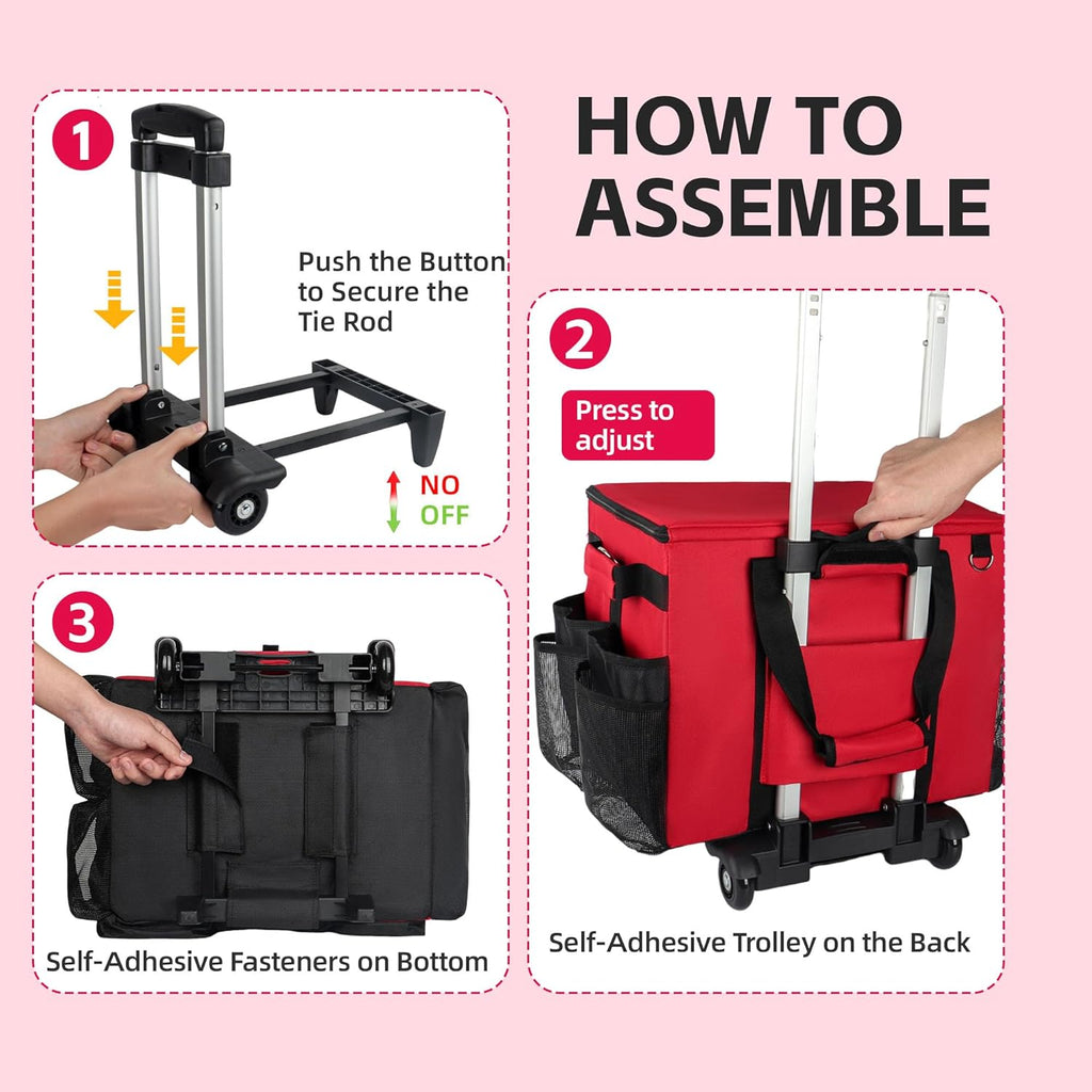 Rolling Cleaning Caddy Bag with Wheels, Large Cleaning Cart Detachable Trolley, Cleaning Bags for Housekeepers With Shoulder Strap & Multi Pockets for Cleaning Tools Storage (Red)