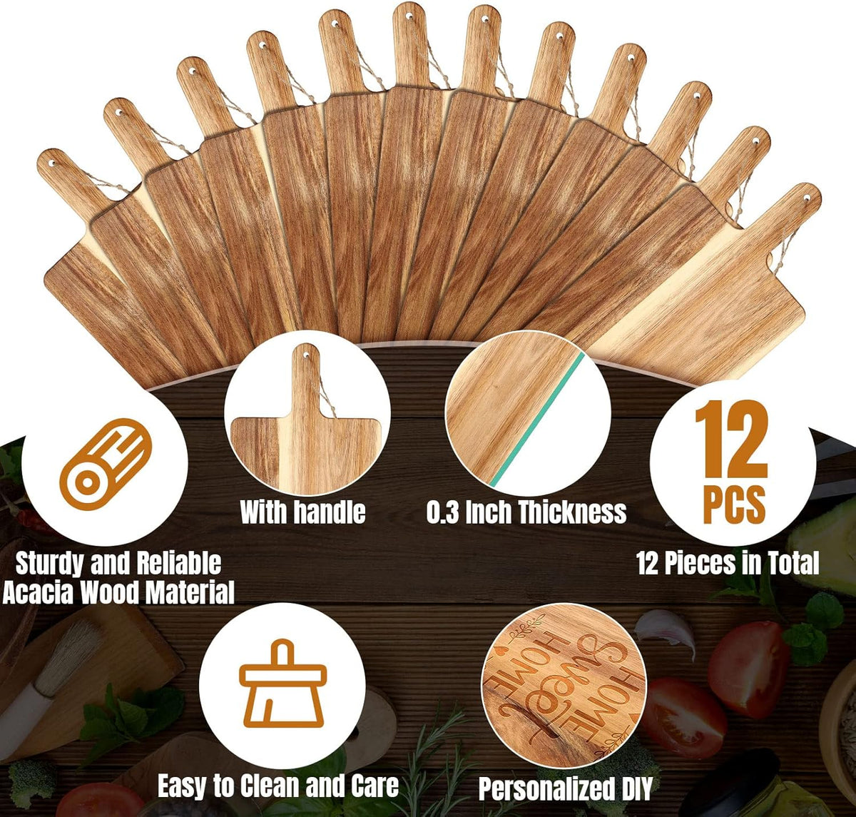 Patelai 12 Packs Wooden Cutting Board Set with Handles Large Kitchen Serving Plain Chopping Board Bulk Gifts for Mom for Vegetables Meat Pizza Cheese Fruit Bread(Acacia Wood,21.5 x 8.75 Inch)