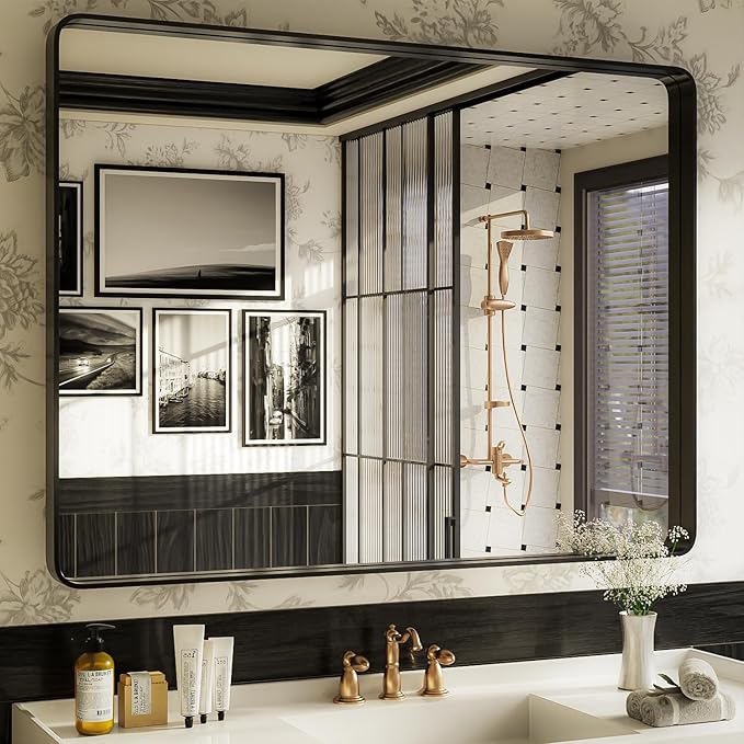 ISKM Black Framed Mirror for Bathroom 48" x 36" Decorative Rectangular Wall