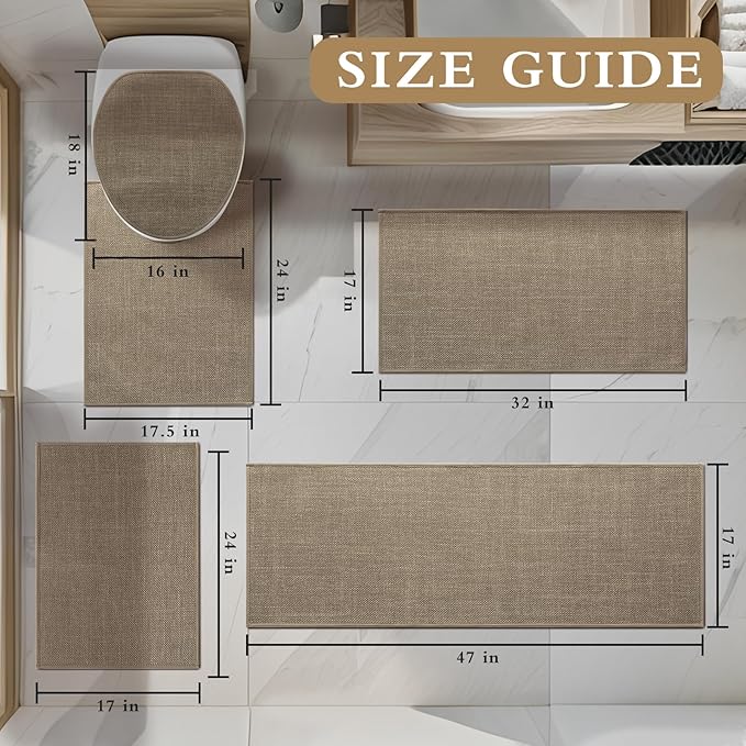YIHOUSE Brown Bathroom Rug Sets 5 Piece, Dark Beige Absorbent Bath Mat for Bathroom Non Slip Washable,Bath Room Mat Quick Dry, Thin Bath Rug Set for Toilet and Floor