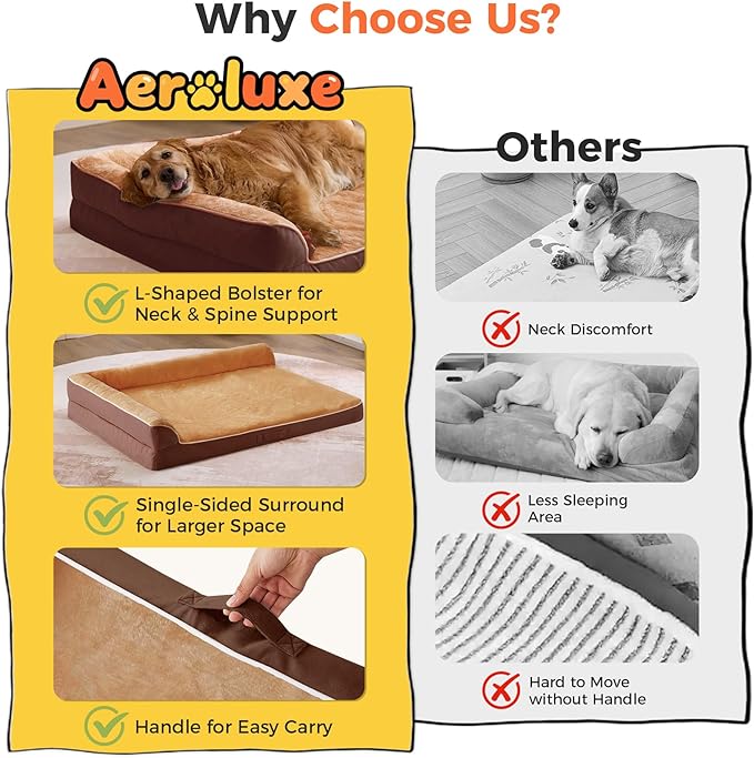 Aeroluxe Dog Bed Large Sized Dogs, Orthopedic Dog Bed for Large Dogs, Waterproof Pet Bed with Washable Removable Cover, L-Shaped Pet Couch with Portable Handle 36"x27"x6.5", Brown