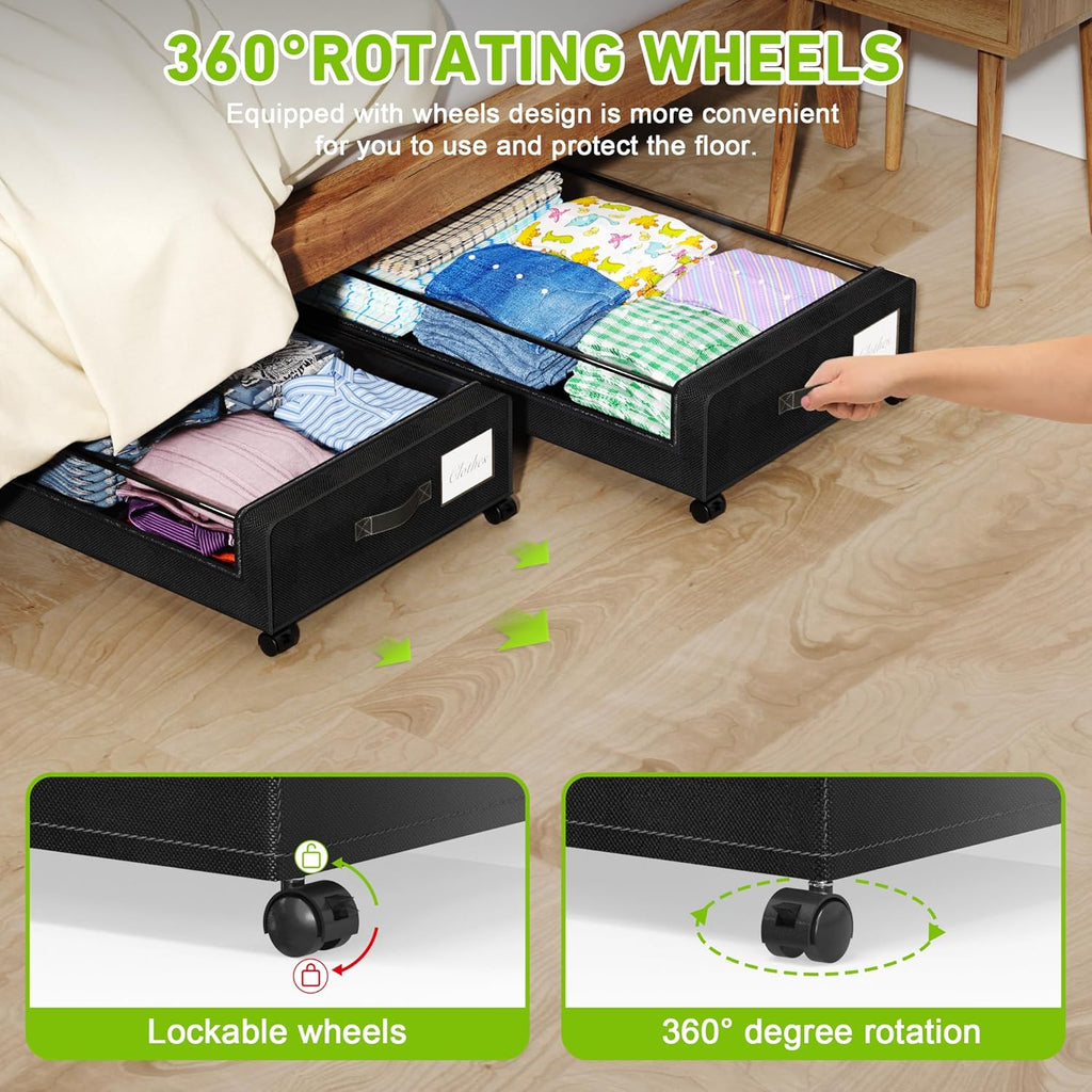Under Bed Storage with Wheels, XXL 60L Under the Bed Storage Bins, Underbed Storage Containers with Lids & Label, Rolling Metal Drawer for Shoes, Clothes, Books, Toys (4-Pack Black)