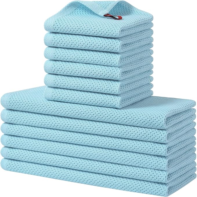Homaxy 100% Cotton Kitchen Towels and Dishcloths Set, 12 x 12 Inches and 13 x 28 Inches, Set of 12 Bulk Kitchen Towels Set, Ultra Soft Absorbent Dish Cloths for Washing Dishes, Sky Blue