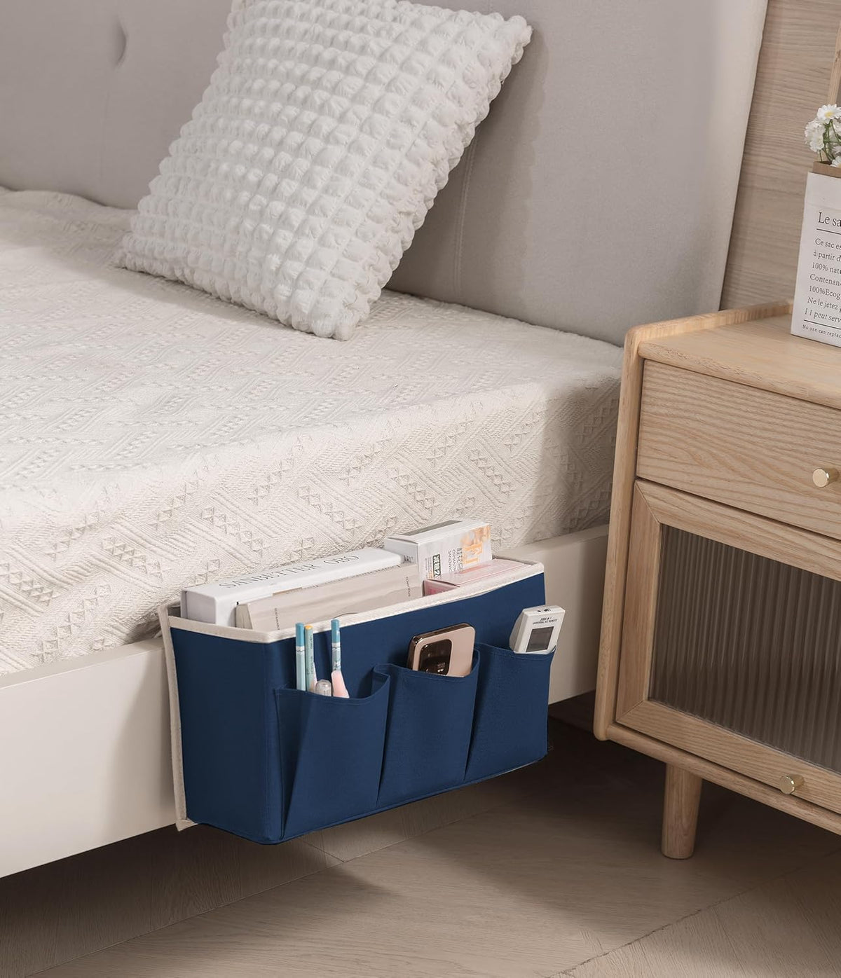Bedside Caddy/Bedside Storage Organizer Hanging Bag with Three Options,Suitable for home beds, sofas, and dormitory beds—can hold magazines, books, phones, iPads, remote controls. (Navy Blue)