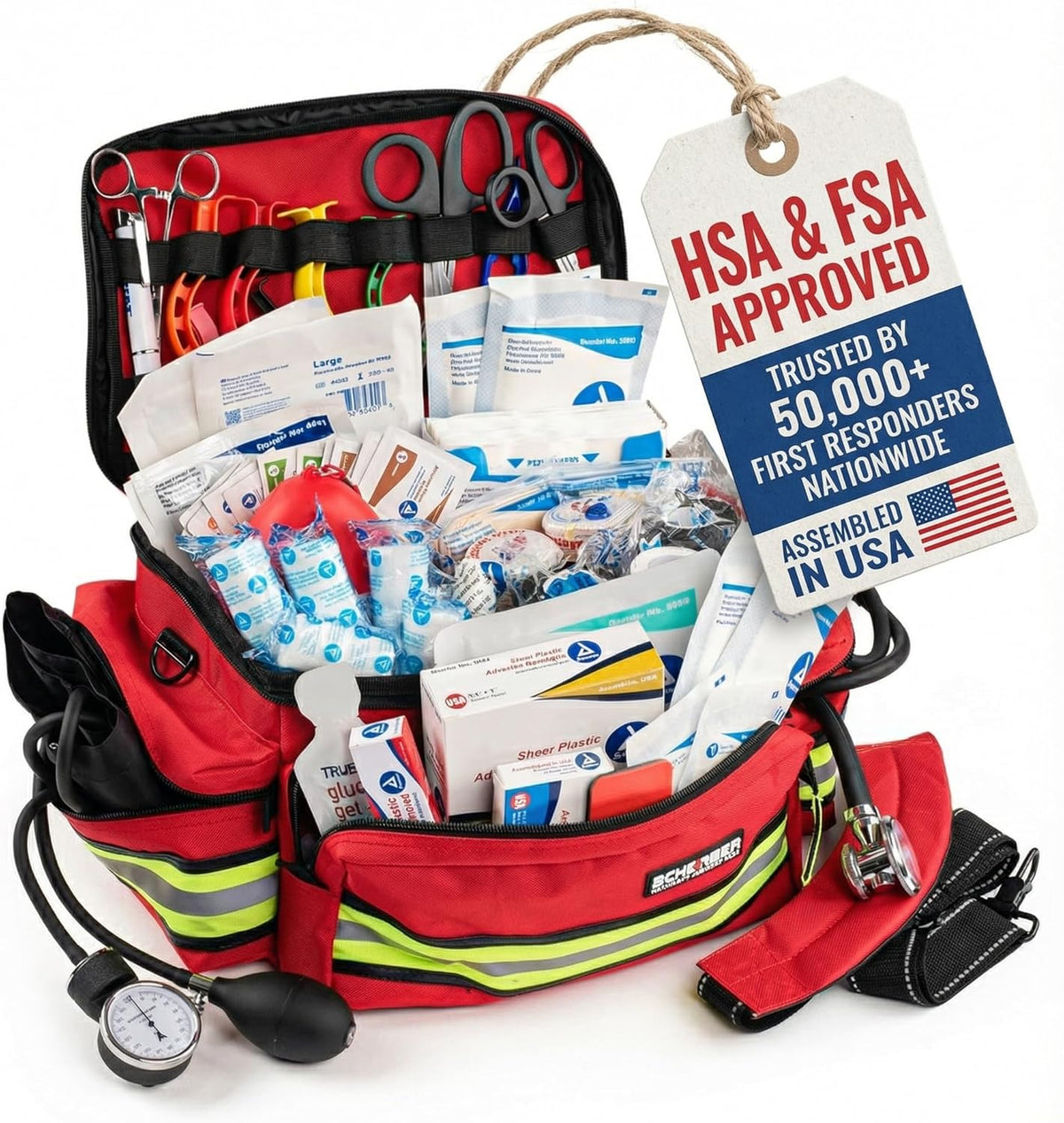 Scherber First Responder Fully-Stocked Professional Essentials EMT/EMS Trauma Kit | HSA/FSA Approved | Reflective Bag w/8 Zippered Pockets & Compartments & 200+ First Aid Supplies - Red