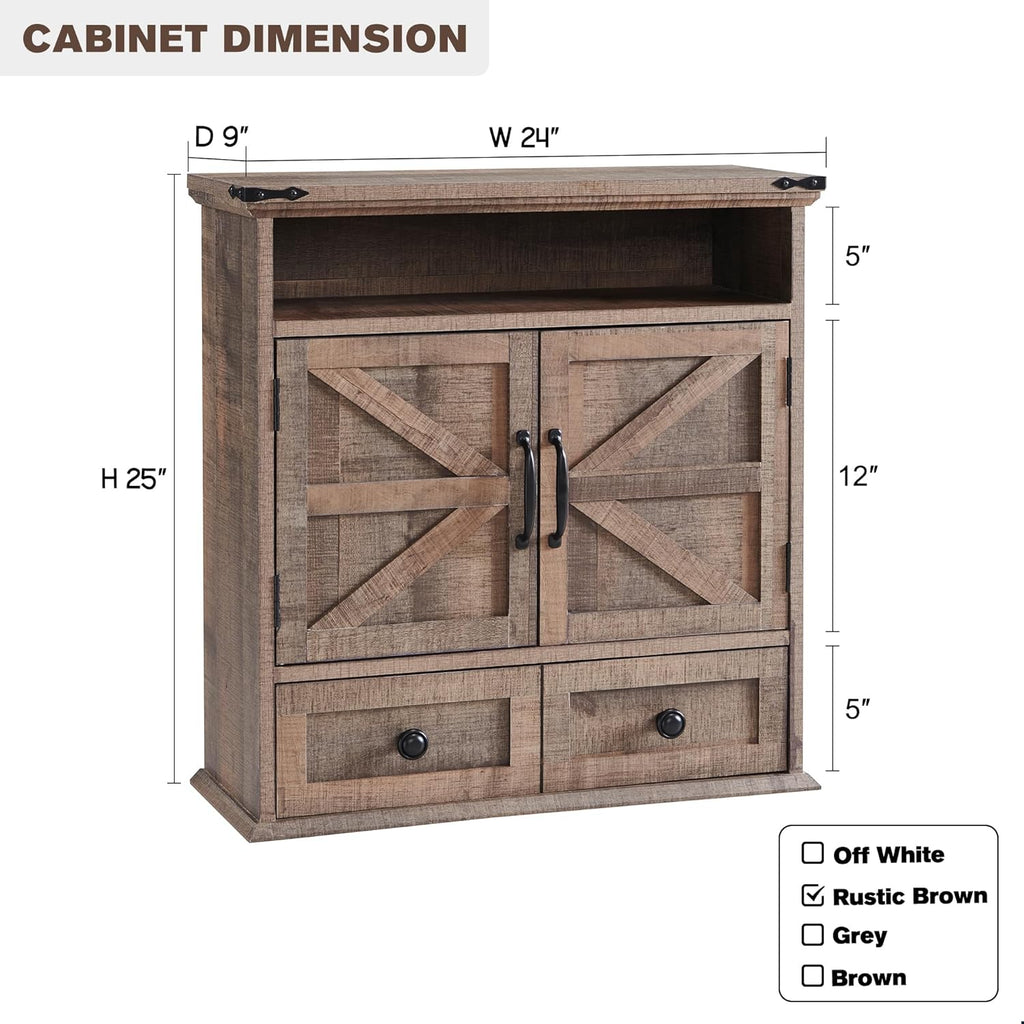 ACCOHOHO Bathroom Wall Cabinet, Farmhouse 24" Wide Medicine Cabinet with Drawer, Adjustable Shelf, Double Barn Doors, Storage Cabinets for Bathroom, Kitchen, Living Room, Rustic Brown