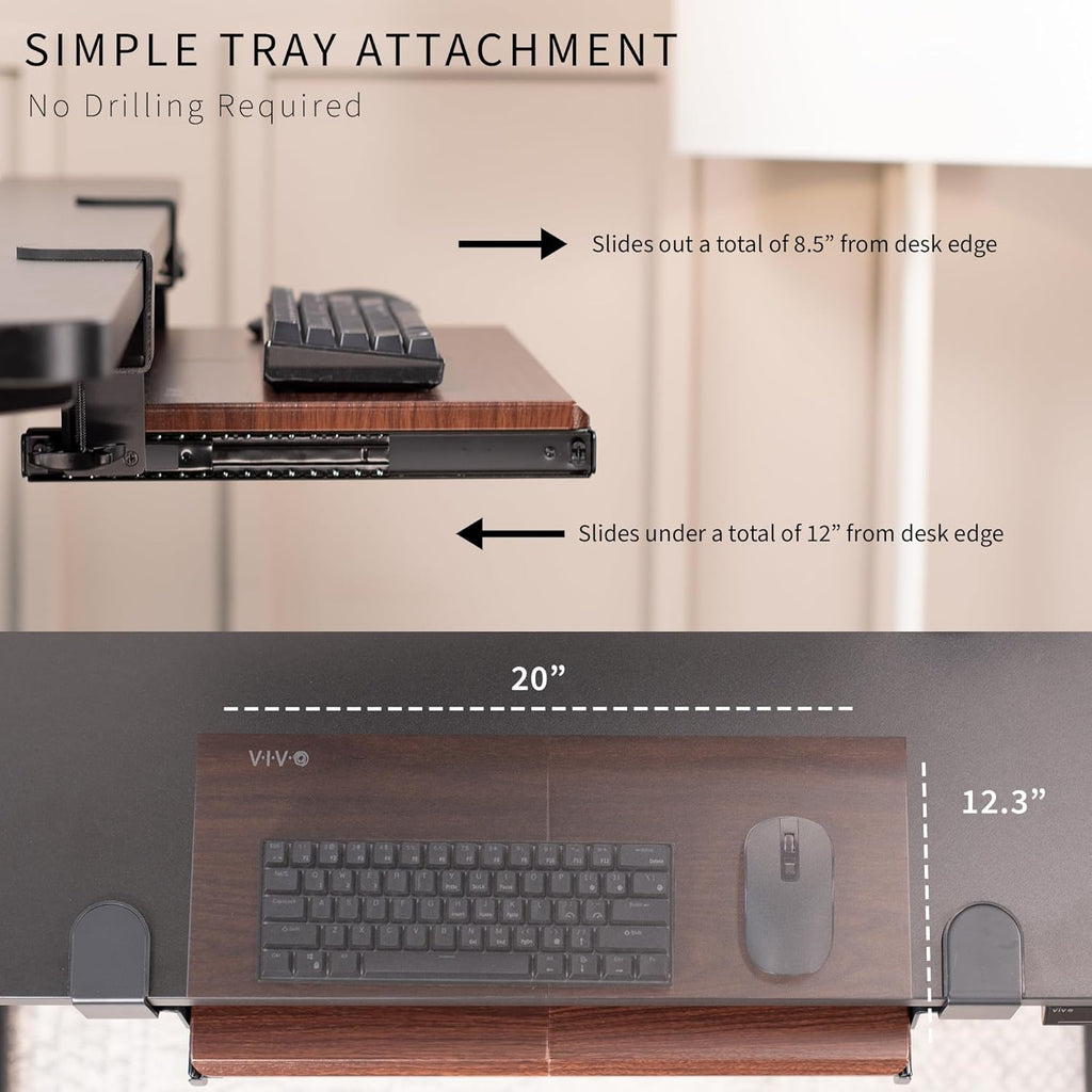 VIVO Small Keyboard Tray, Under Desk Pull Out with Extra Sturdy C Clamp Mount System, 20 (26 Including Clamps) x 11 inch Slide-Out Platform Drawer, Dark Walnut Top, Black Frame, MOUNT-KB05ES-D