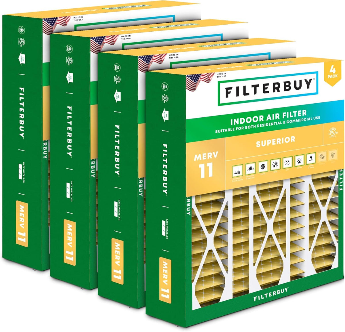Filterbuy 20x25.25x3.5 Air Filter MERV 11 Superior Pet & Allergy Defense (4-Pack), Pleated HVAC AC Furnace Filters for AprilAire Space-Gard 102 & 2120 (Actual Size: 19.94 x 25.38 x 3.75)