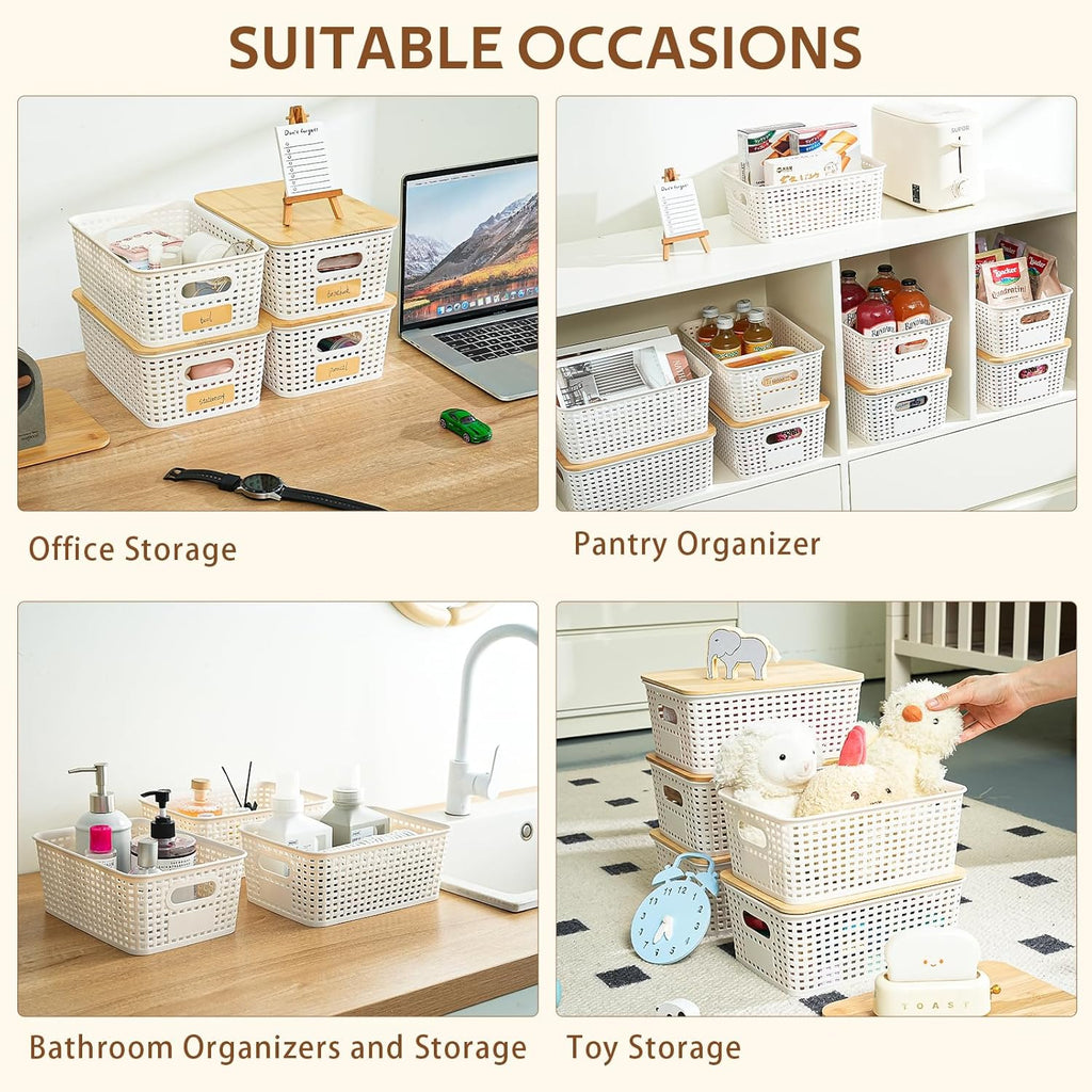 8 Pack Plastic Storage Bins with Bamboo Lids - Stackable Storage Baskets with Handle for Pantry Organizer and Storage, Plastic Containers Bins for Kitchen Bathroom Classroom Office Shelves