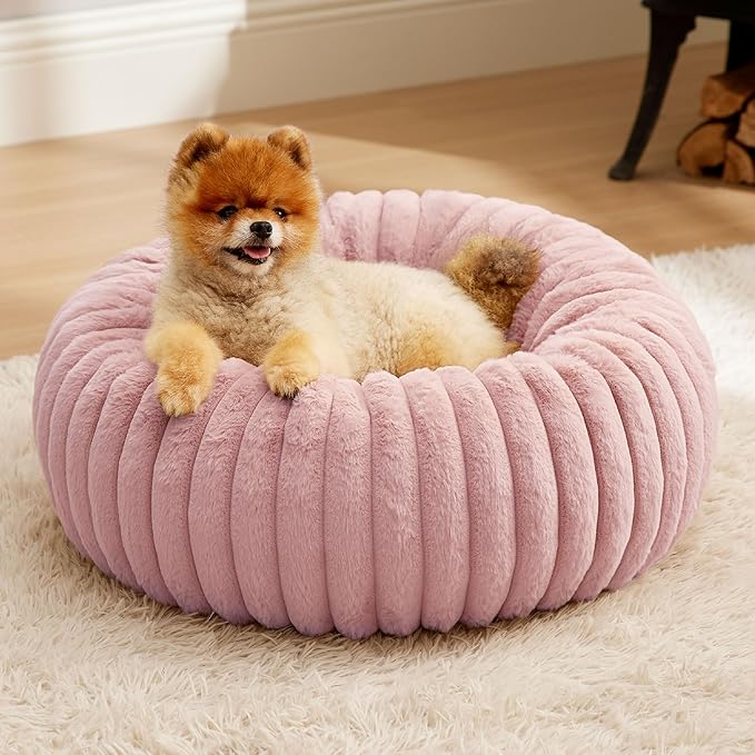 Bedsure Donut Small Dog Bed - Dog Beds for Small Dogs with Corduroy Fleece & Anti Slip Bottom, Round Faux Fur Pet Beds with Washable Removable Cover, Blush Pink, 23x23x7 inches