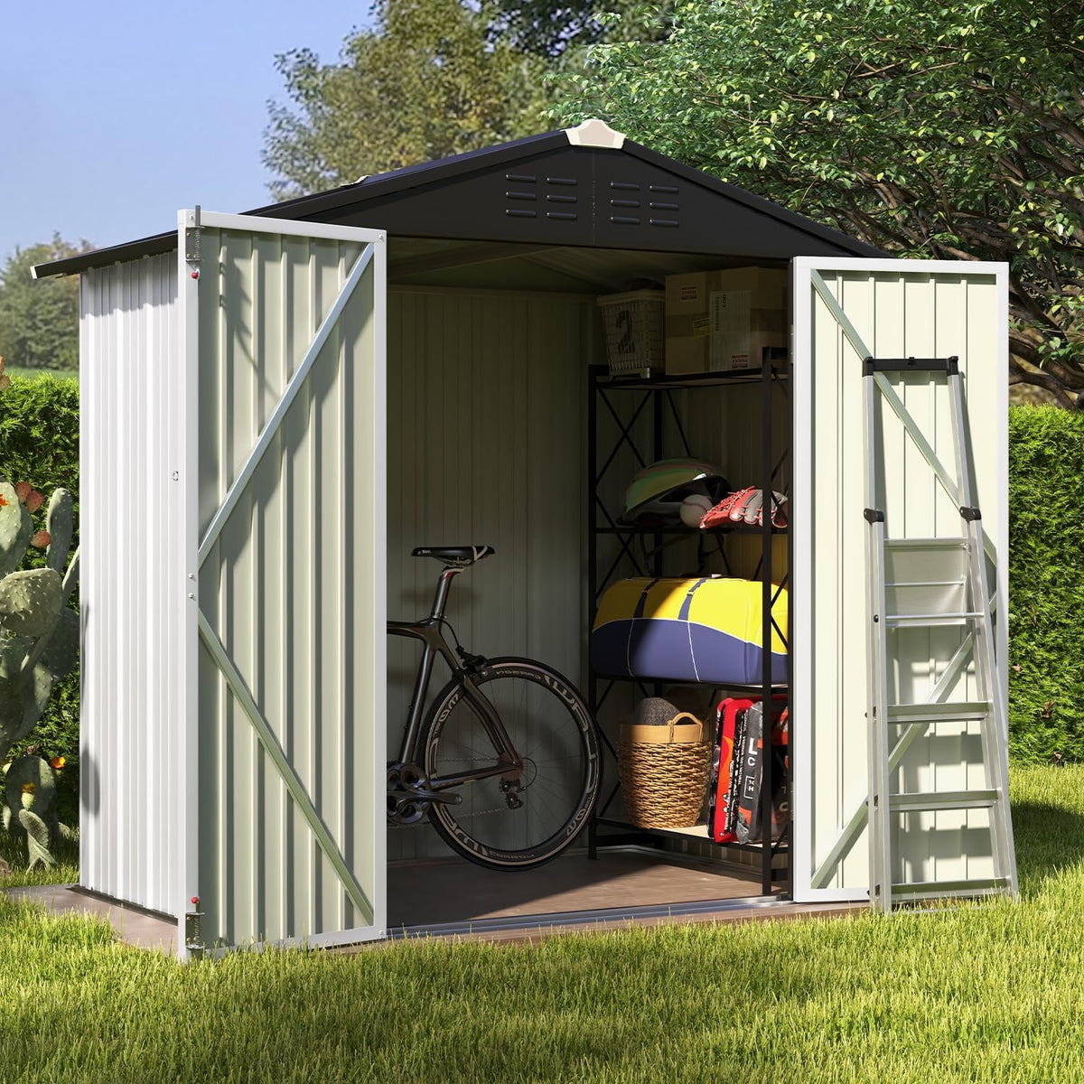 Patiowell 6x4 FT Outdoor Storage Shed, Garden Tool Storage Shed with Sloping Roof and Double Lockable Door, Outdoor Shed for Garden Backyard Patio Lawn,White