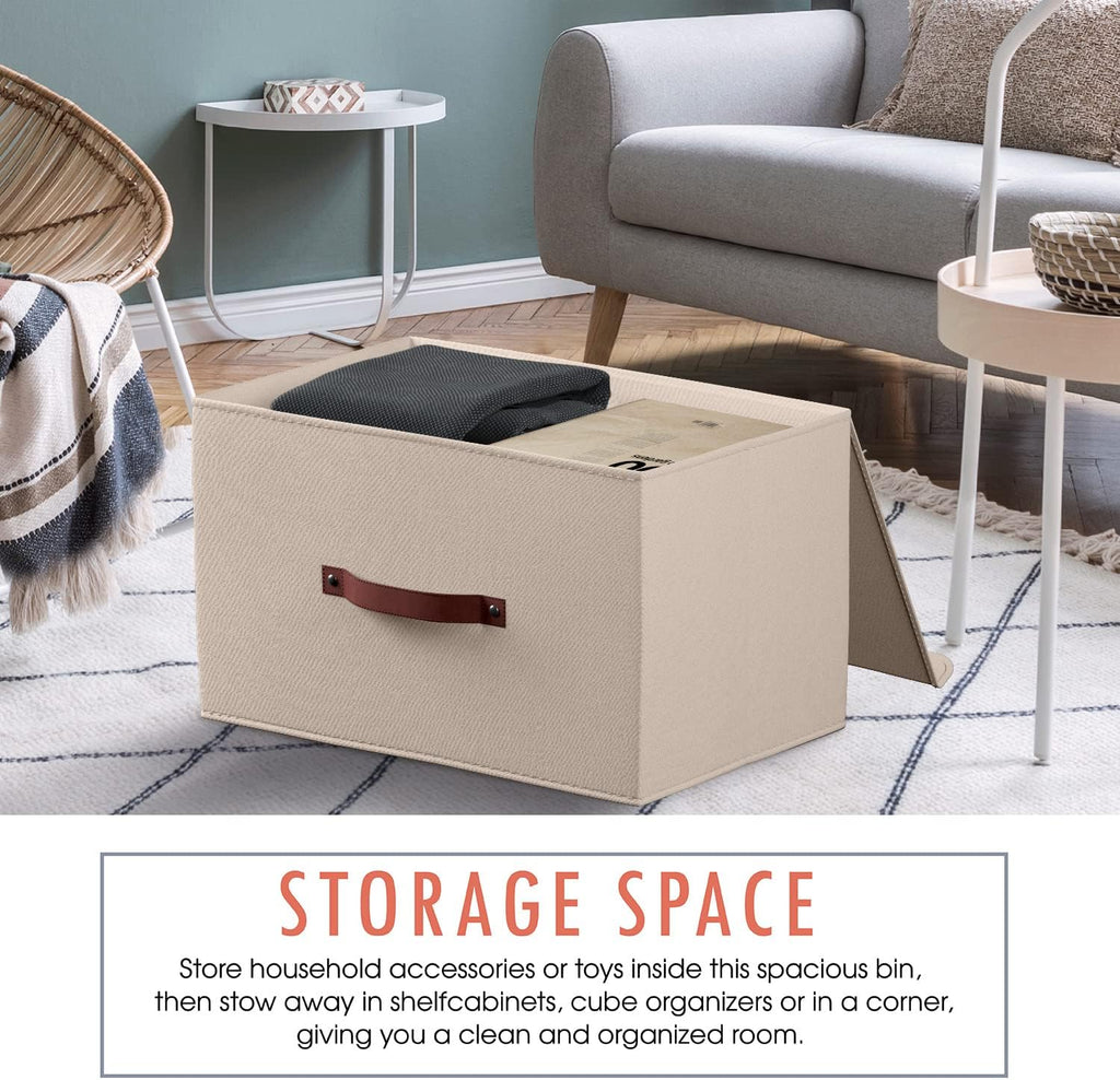 Ornavo Home 3 Pack Collapsible Storage Bins with Lid, Foldable Linen Fabric Shelf Storage Basket Closet Organizer and Large Storage Box for Clothes with Leather Handles, 15 x 10 x 9, Beige