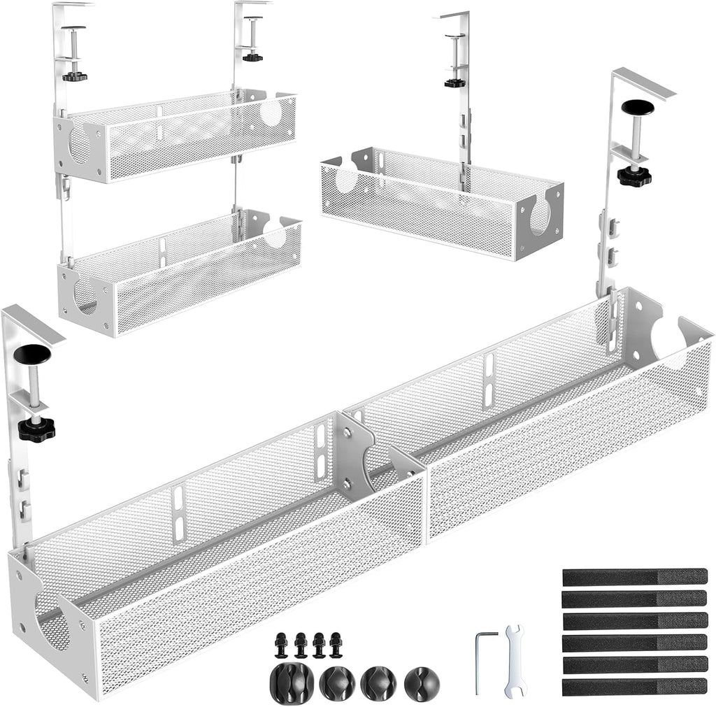 Multi-Model Under Desk Cable Management 2 Pack Metal Under Desk Wire Management Tray Clamp Mount Under Table Cord Management No Damage The Desk White