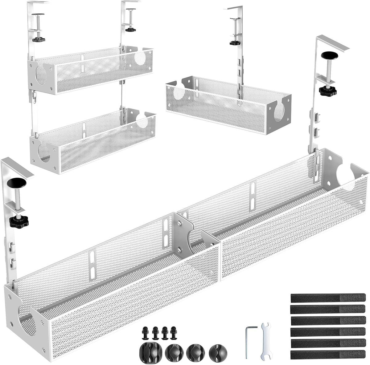 Multi-Model Under Desk Cable Management 2 Pack Metal Under Desk Wire Management Tray Clamp Mount Under Table Cord Management No Damage The Desk White