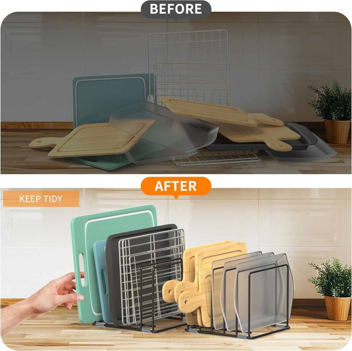 Cutting Board Organizer, [2-Pack] Kitchen Cabinet Organizer, Divided Rack with 5 Slots for Baking Trays, Cutting Boards - Cookie sheet Organizer Inside Cabinet, Baking Sheets Holder (Large)