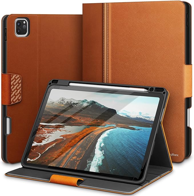 KingBlanc Case for iPad Pro 11 inch 4th/3rd/2nd/1st Generation (2022/2021/2020/2018) with Pencil Holder, PU Leather Protective Stand Folio, Auto Sleep/Wake, Multi-Angles for Viewing/Typing, Brown